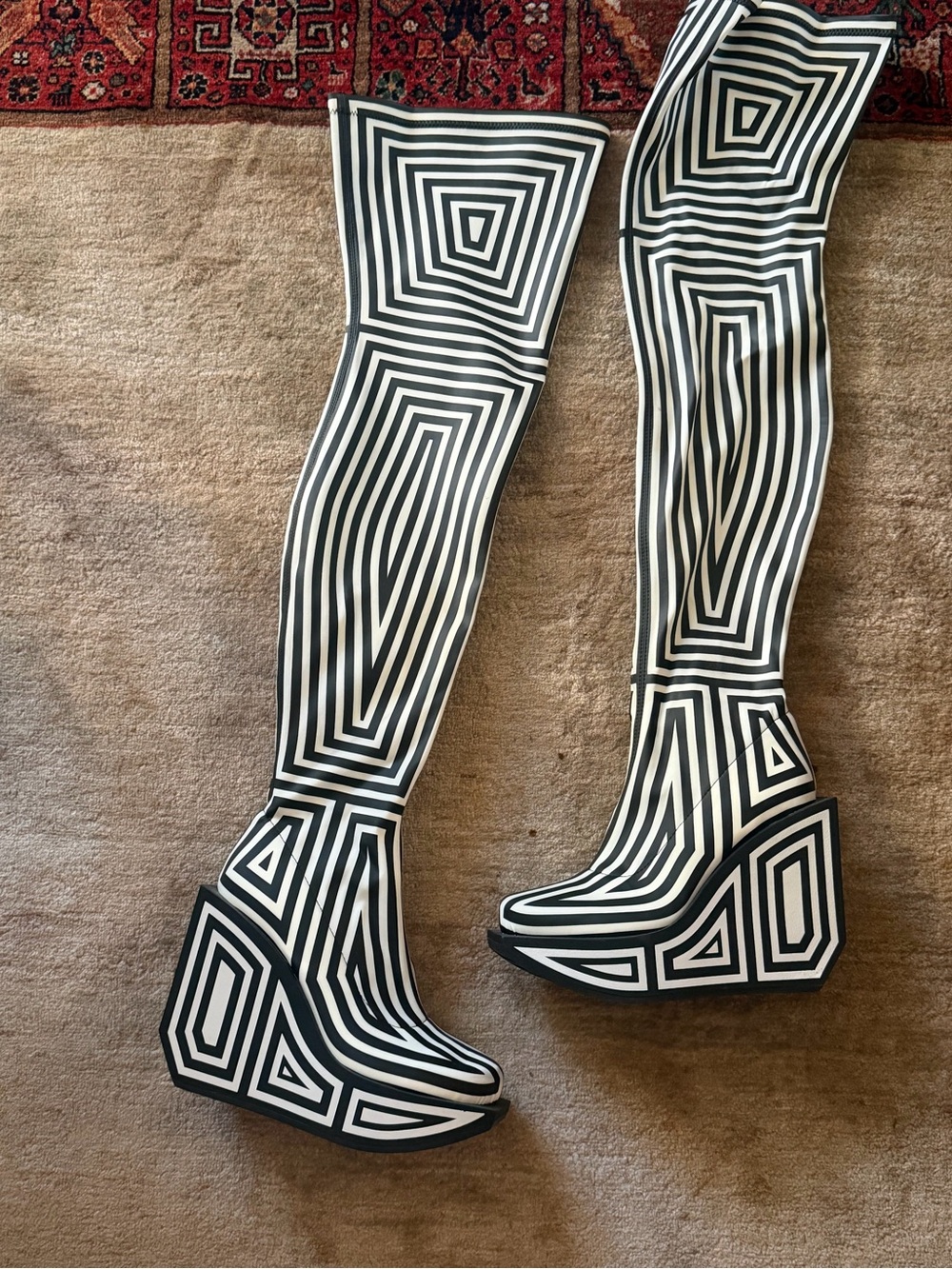 United Nude Black & White Geometric Over-the-Knee Wedge Boots